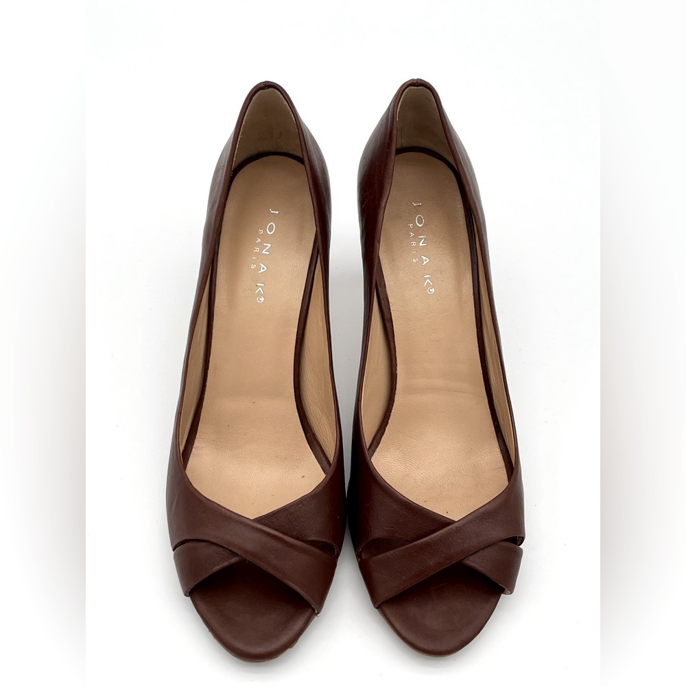 JONAK Brown Leather Peep-Toe Heels